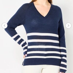 Lacoste Women's V-neck 100%‎ Merino Wool Blue White Striped Sweater size 36-S